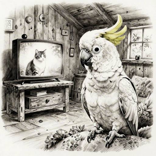 Contented Cockatoo in Rustic Cabin