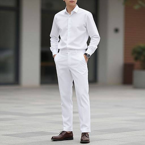 Photograph of a man standing in an urban outdoor setting, wearing a crisp white long-sleeve shirt and white pants with brown leather shoes, hands