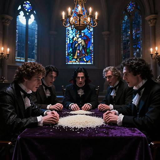 Photograph of five men in black tuxedos with white bow ties, gathered around a table with sparkling white crystals, in a dimly lit