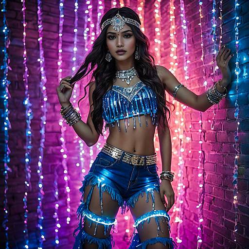Teenage Girl in Blue Sparkling Belly Dancer Outfit