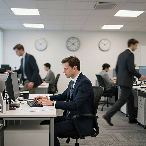 Photograph of a modern office with five men in suits working at desks; central man in focus, others blurred, clock on white wall, fluorescent lighting