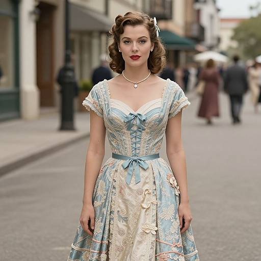 Photograph of a fair-skinned woman with curly brown hair, wearing a vintage blue and white floral dress with lace, standing on a blurred city street
