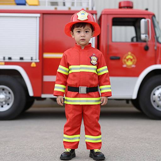 Photograph of a young Asian boy standing in front of a red fire truck, wearing a bright red firefighter uniform with yellow stripes.