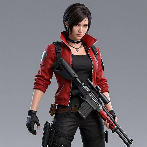 CGI image of a tough, short-haired woman in a red jacket, black tank top, and pants, holding a rifle, with gloves and a