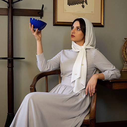 Seated Woman Holding Blue Ceramic Bowl