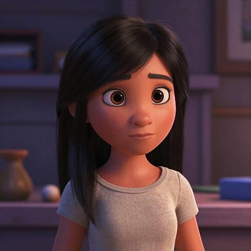 Digital CGI image of a young, wide-eyed girl with long black hair, wearing a light gray shirt, in a dimly lit room.