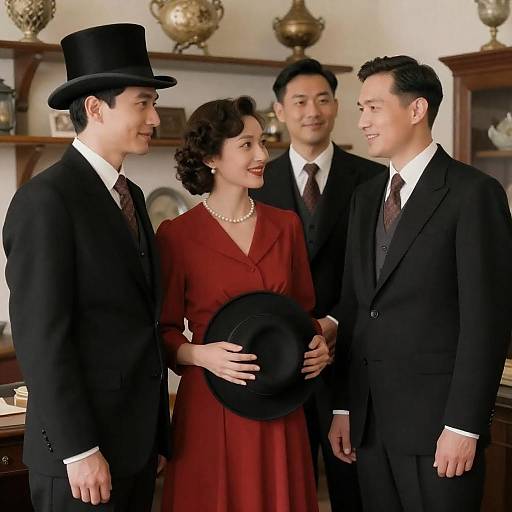 Vintage Parlor Portrait with Red Dress