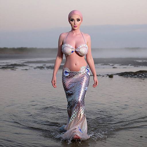 CGI image of a blonde mermaid with a silver sequin bikini top and matching silver scale mermaid tail, standing in shallow ocean water, with