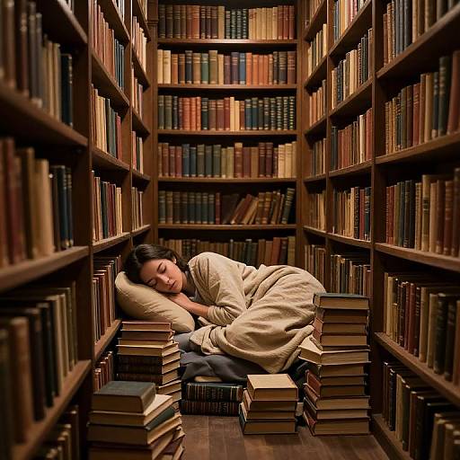 Photograph of an Asian woman with dark hair sleeping on a pillow among stacked books, surrounded by tall wooden bookshelves in a dimly lit library