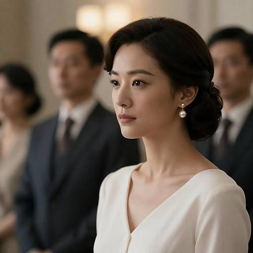 Photograph of an elegant Asian woman with short, wavy black hair, wearing a white V-neck dress, pearl earrings, and serious expression, in