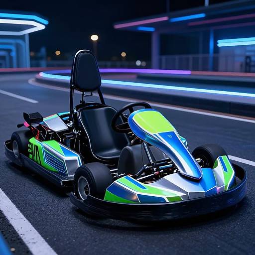 Photorealistic digital rendering of a neon-lit, green and blue karts racing at night on a sleek, illuminated track.