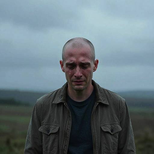 Bald man crying in the rain