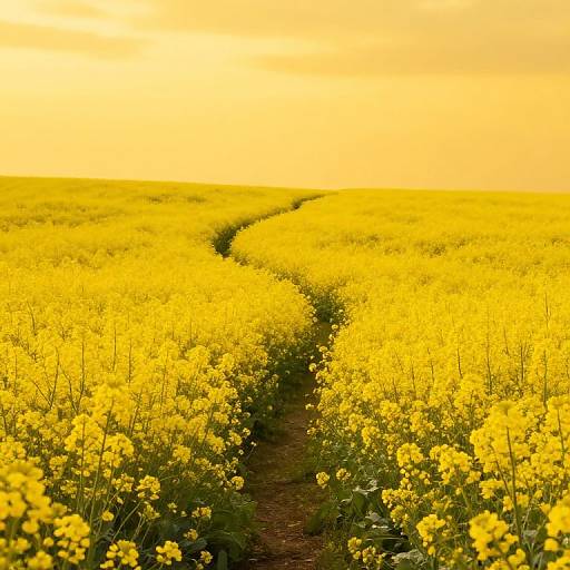 Photograph of a sunlit yellow canola field with a winding dirt path cutting through, creating a vibrant, golden pathway.