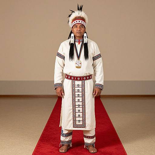 Photograph of a man in traditional Native American attire, wearing a white outfit with black patterns, red belt, and white feathered headpiece, standing