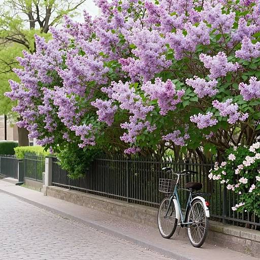 Photograph of a black bicycle with a wire basket parked beside a lush, purple lilac bush on a cobblestone street.