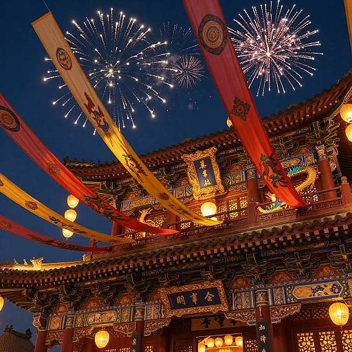 Photograph of a brightly lit traditional Chinese temple with colorful lanterns, intricate carvings, and fireworks exploding against a deep blue night sky.