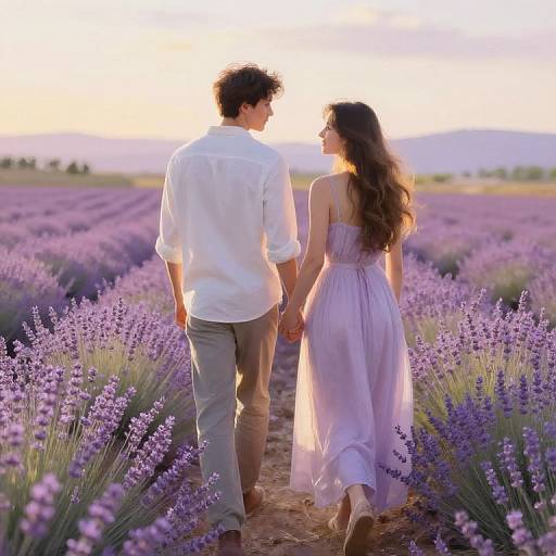 Photograph of a couple holding hands, walking through a lavender field at sunset, wearing white shirt and lavender dress, surrounded by vibrant purple flowers.