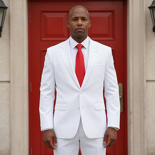 Man in White Suit by Red Door