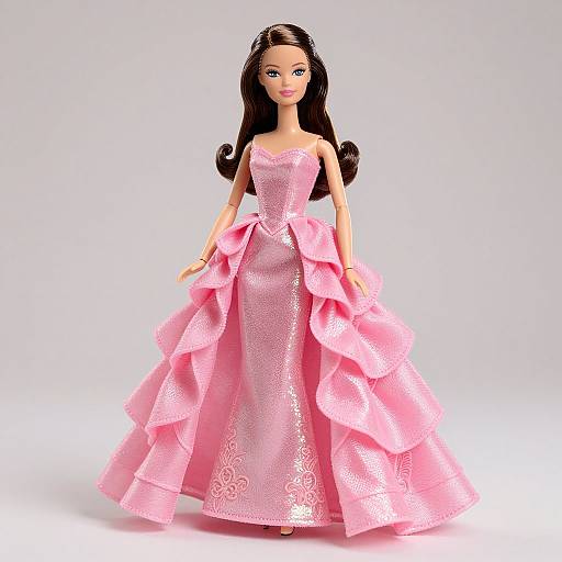 Photograph of a plastic doll with long brown hair, wearing a strapless, pink, ruffled, and glittery ball gown, standing against a