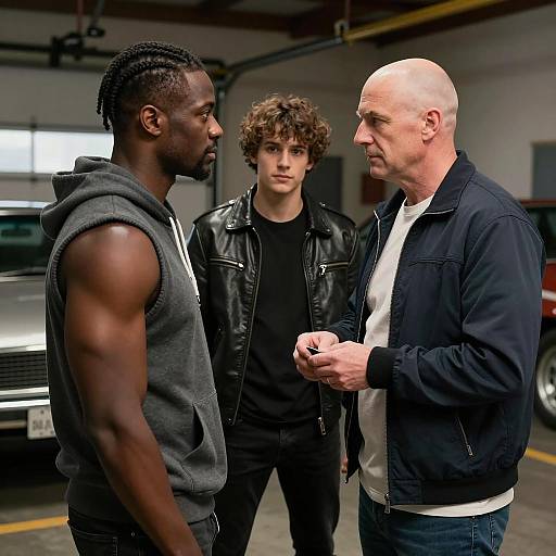 Three Men Intense Conversation in Garage