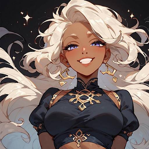 Smug Dark-Skinned Beauty in Black Dress