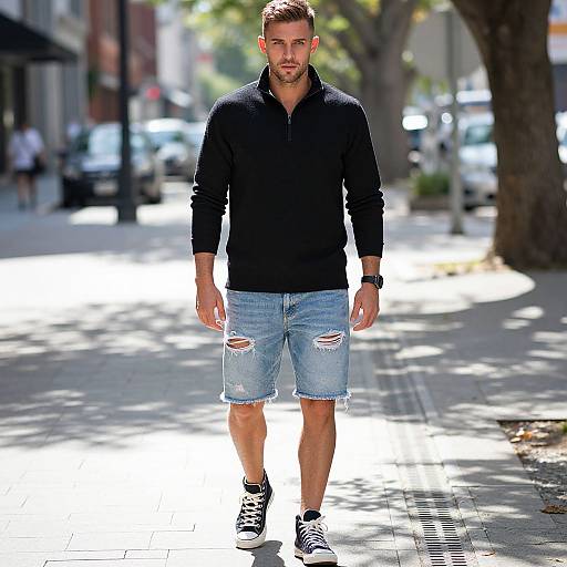 Photograph of a muscular, bearded man in a black hoodie, ripped denim shorts, and black sneakers, walking down a sunlit urban street with