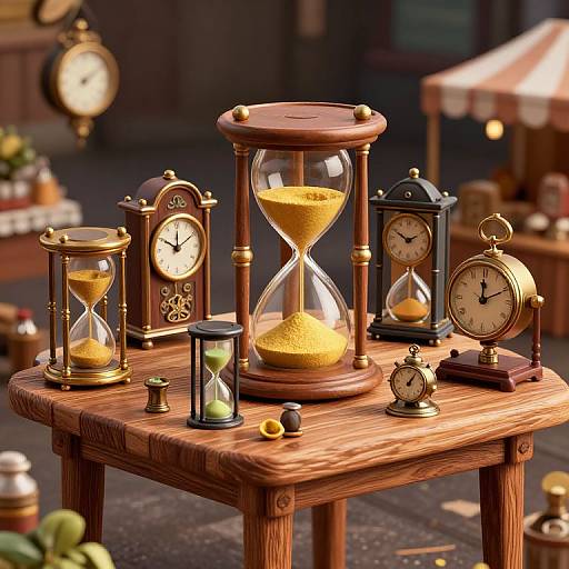 Photograph of a wooden table with various vintage-style hourglasses and clocks, each containing sand or green hourglasses, set outdoors with blurred market