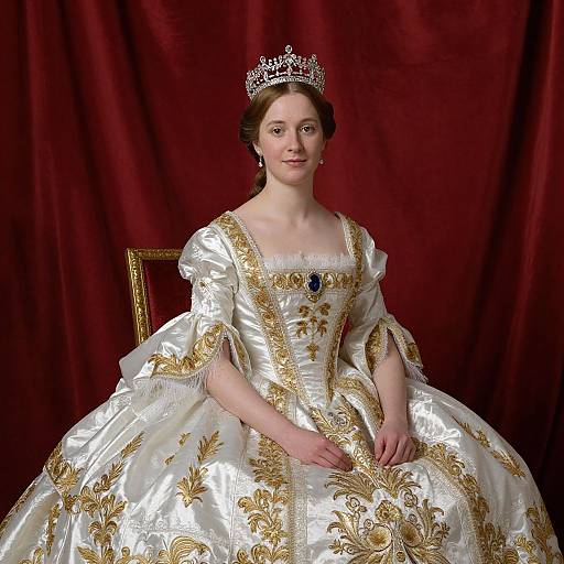 Photograph of a fair-skinned woman with brown hair, wearing an ornate white and gold royal gown, jeweled tiara, and dark red