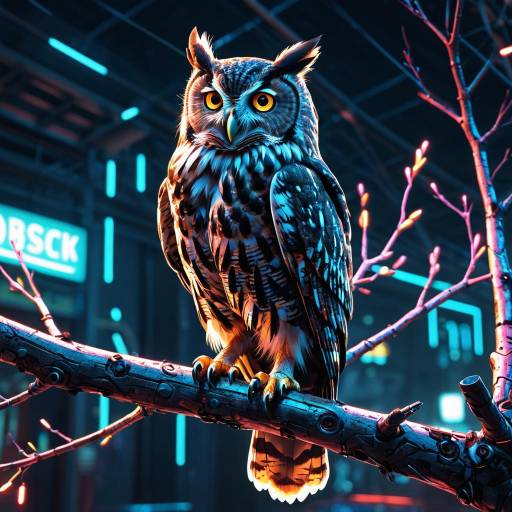 Cybernetic Owl on Neon Branch Illustration