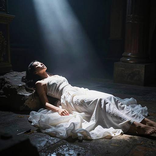 Photograph of a woman in a white, flowing wedding dress lying on a dark, stone floor, bathed in dramatic, spotlighting.