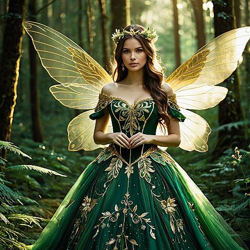 Elegant Fairy in Green Gown with Golden Wings