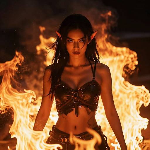Photograph of a fierce, dark-haired elf woman with pointed ears, wearing a black, leather crop top, standing amidst intense flames.