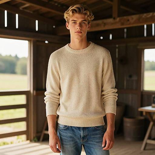 Photograph of a young, handsome blonde man with tousled hair, wearing a cream knit sweater and blue jeans, standing in a rustic wooden barn with