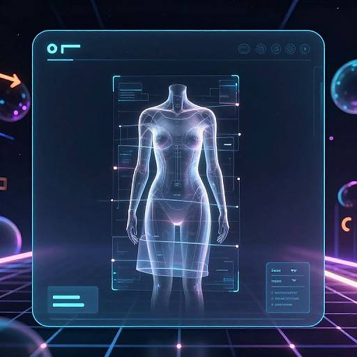 Neon-lit digital hologram of a nude female figure with glowing blue lines and measurements, set against a futuristic, dark space background.