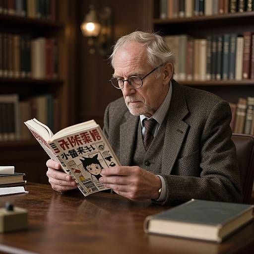 Elderly man with gray hair and beard, wearing glasses and a brown suit, reads Japanese newspaper in a dimly lit, wooden library.