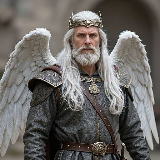 Photograph of an elderly, white-haired angelic warrior with white wings, wearing a medieval armored robe, crown, and leather belt, standing sternly