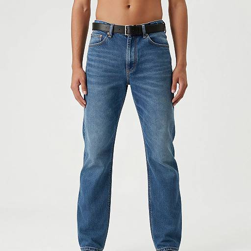 Photograph of a person wearing blue, straight-leg denim jeans with a black belt, standing against a white background, showing their midriff and hands