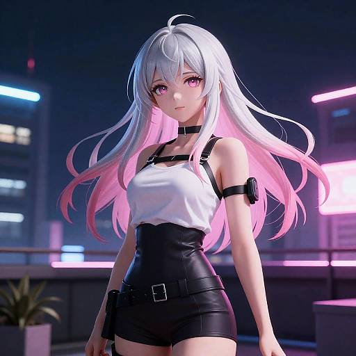 Ecchi Cyberpunk Geisha on Neon Rooftop