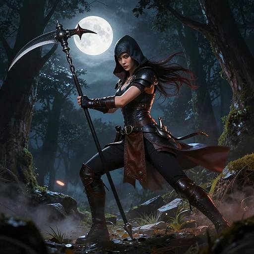 Digital fantasy artwork of a fierce female warrior in dark armor wielding a scythe under a full moon in a mystical forest.
