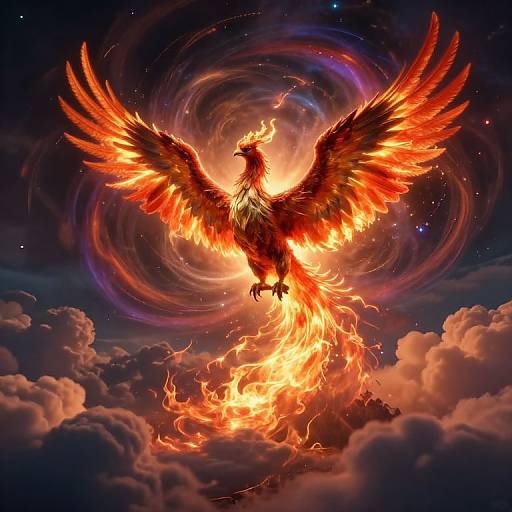 Digital artwork of a fiery phoenix with outstretched wings, blazing with orange and red flames, soaring through a starry, cloudy night sky.