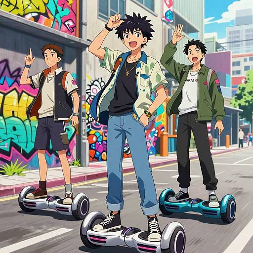 Three anime-style boys skateboarding on a colorful, graffiti-covered urban street, waving cheerfully, wearing casual outfits and modern sneakers.