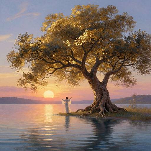 Photorealistic digital painting of a sunset over a calm lake, a person in a white robe stands under a large, rooted tree with outstretched