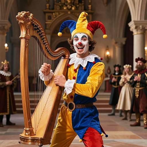 Medieval Jester Playing Harp