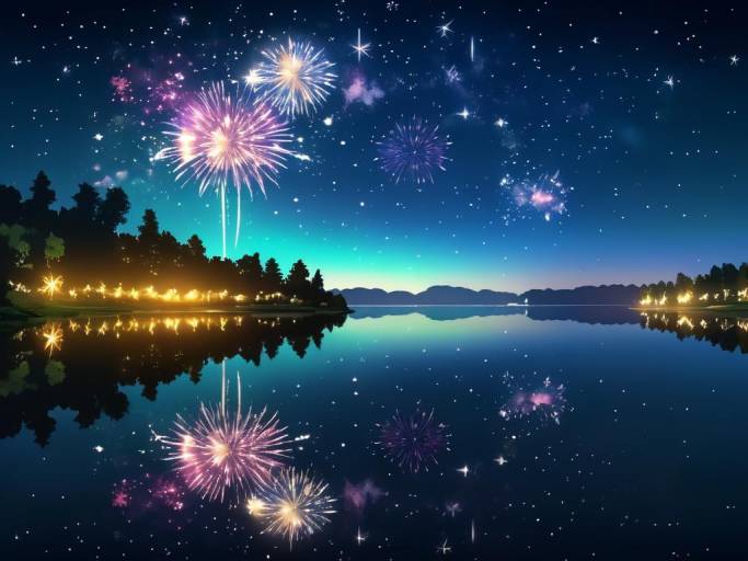 Starlit Lake Shore with Distant Fireworks