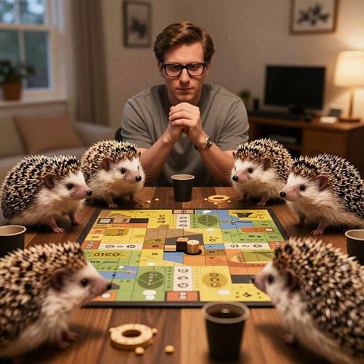 Hedgehogs Playing Board Game with Referee