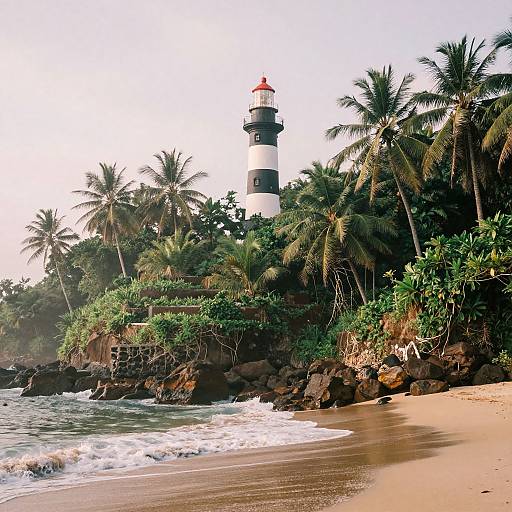 Photograph of a white and black striped lighthouse surrounded by lush palm trees, set on a rocky beach with gentle waves.