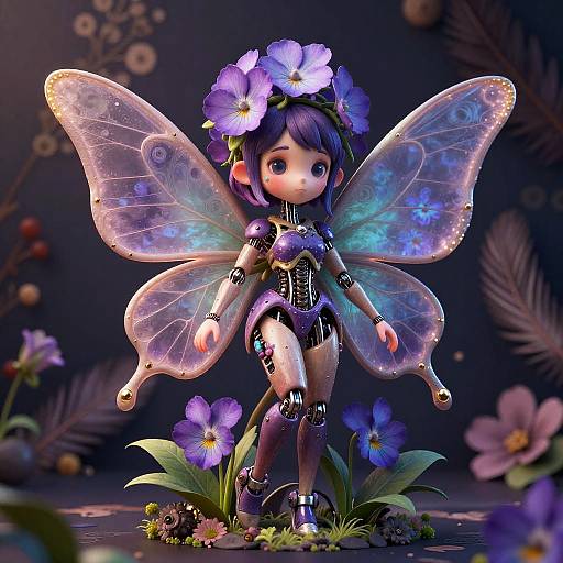 Digital CGI fairy doll with glowing purple wings, flower crown, and metallic bodysuit, standing amidst vibrant flowers against a dark, enchanted forest backdrop.