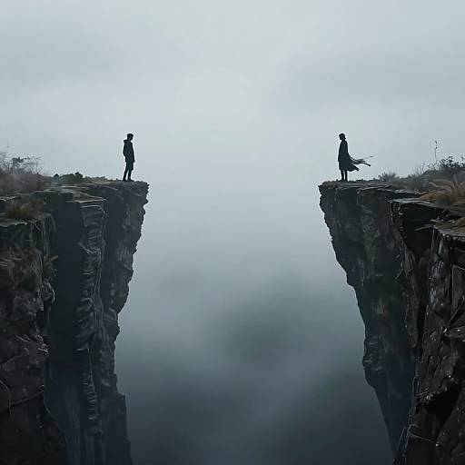 Photograph of two silhouetted figures standing on opposite cliff edges, gazing into a foggy chasm, creating a dramatic, eerie atmosphere
