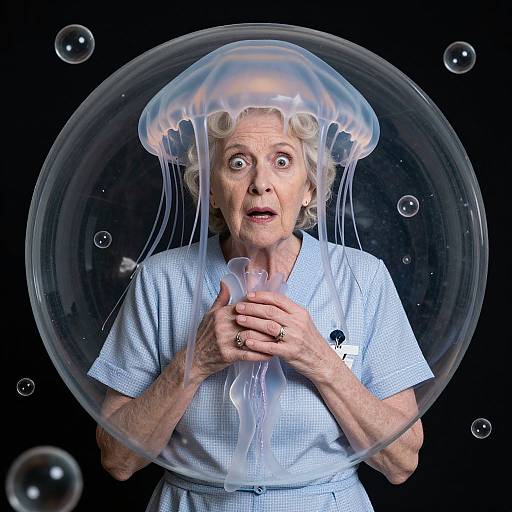 Photograph of an elderly woman with blonde hair in a blue checkered shirt, shocked expression, trapped in a transparent jellyfish bubble, surrounded by floating