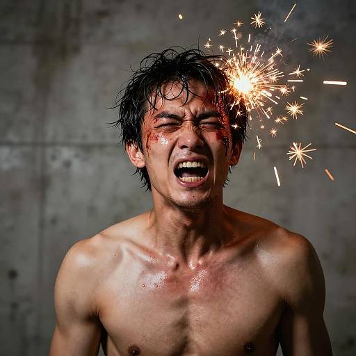 Shirtless Man in Pain with Sparks